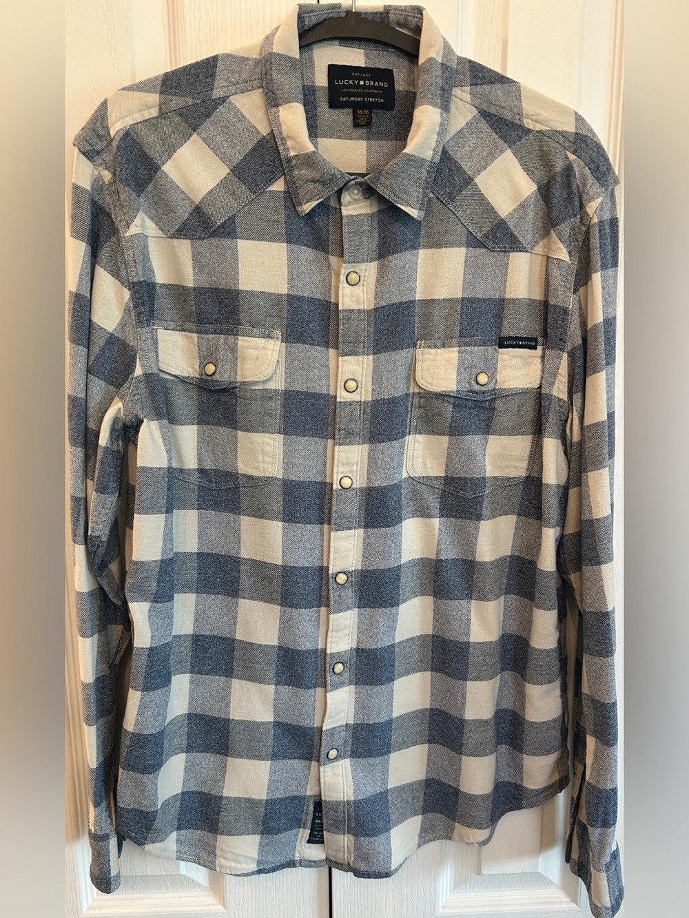 Lucky Brand Saturday Stretch Western Pearl Snap Flannel Blue Plaid M EUC